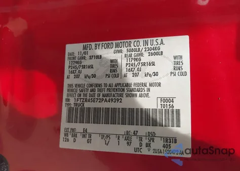 2002 Ford Ranger Edge/Xlt из США, поврежденный, VIN 1FTZR45E72PA49392